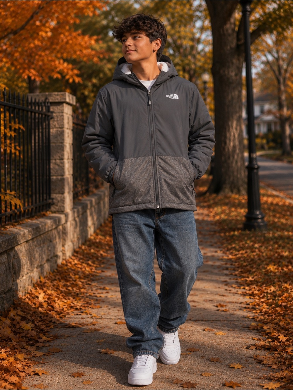 The North Face Kids Two-Tone Hooded Jacket in Dark Gray and Heather Gray